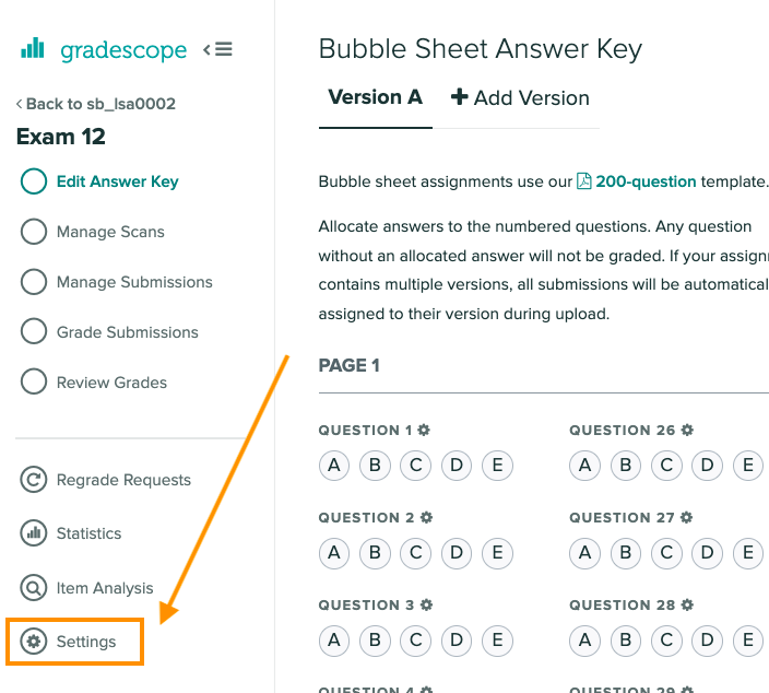 settings highlighted on gradescope assignment dashboard 