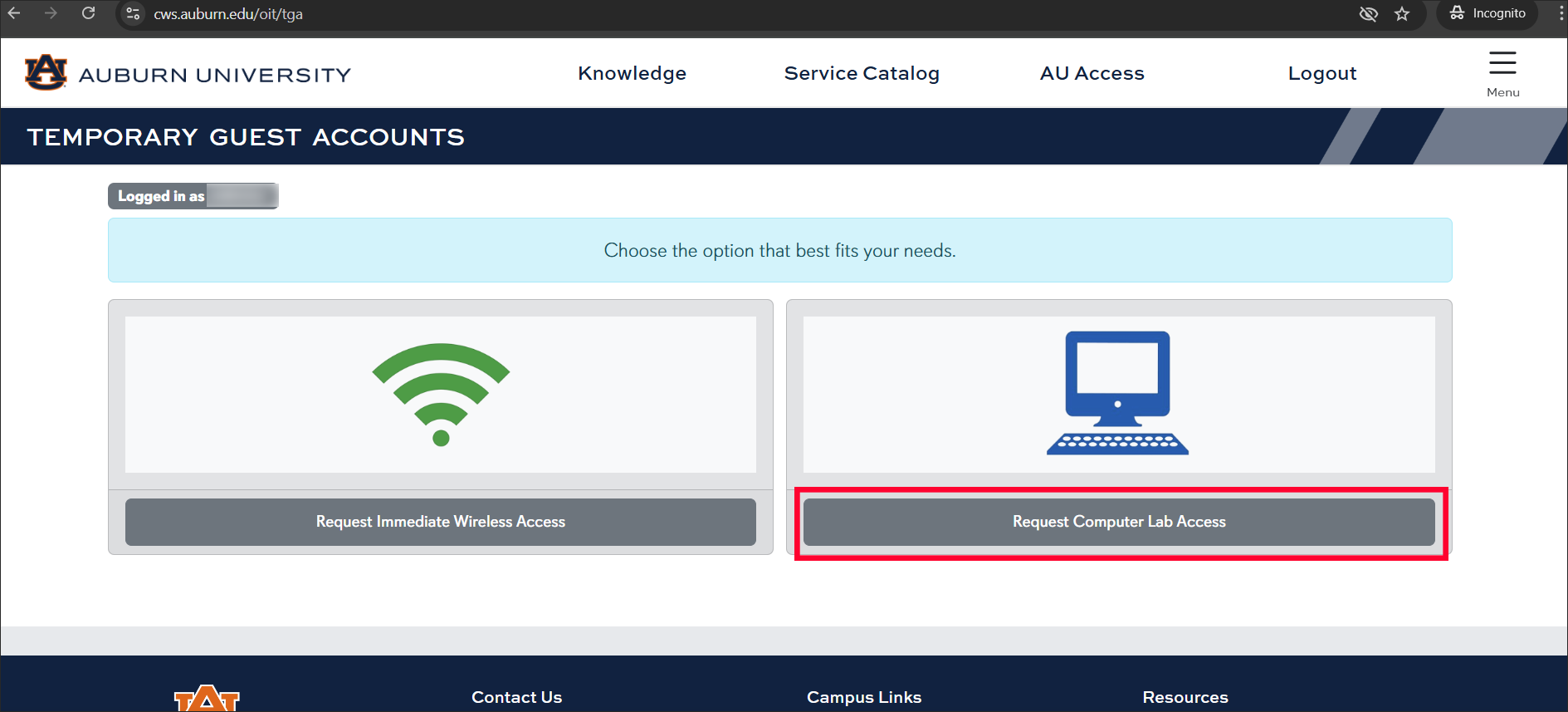 Computer Lab Account screen