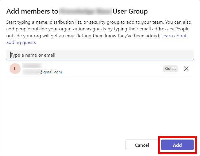 Teams add guest email screen