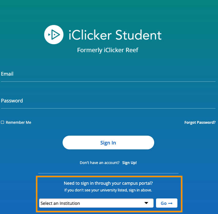 student iclicker sign on displayed with sign in through your campus portal boxed in orange