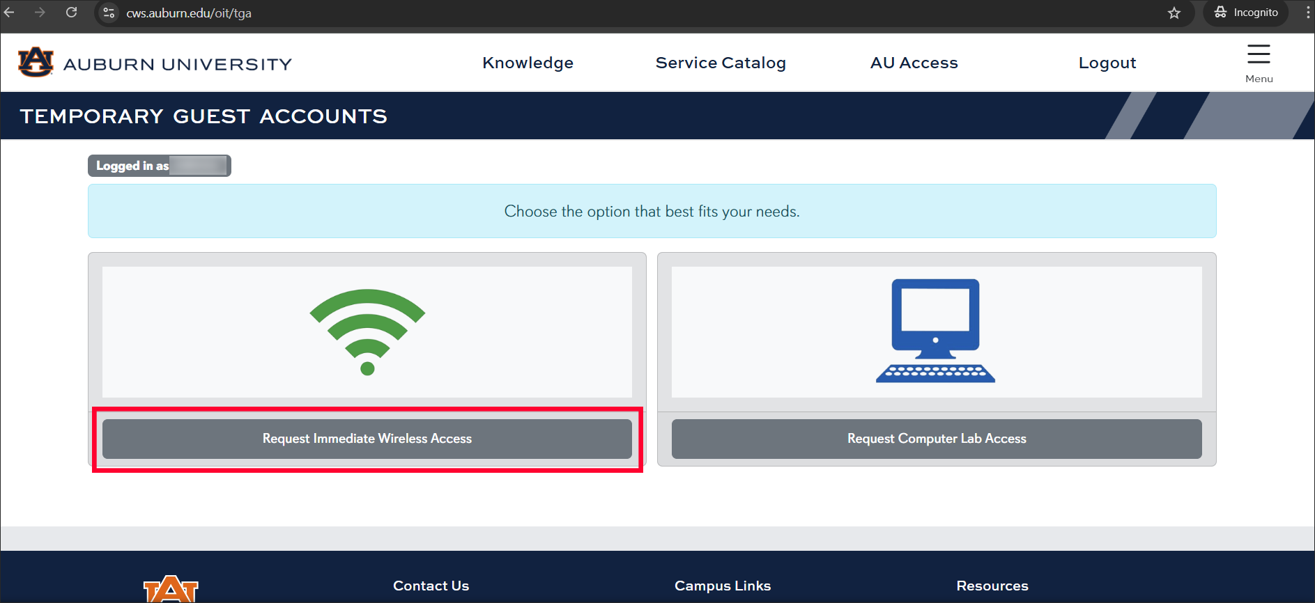 Request Immediate Wireless Access screen