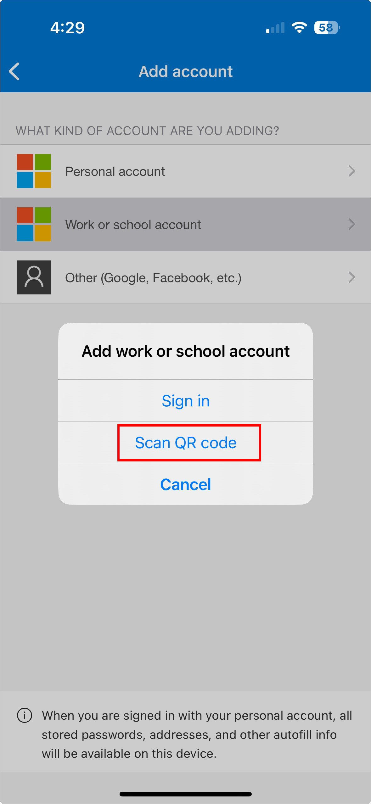 Microsoft Authenticator app scan qr code screen