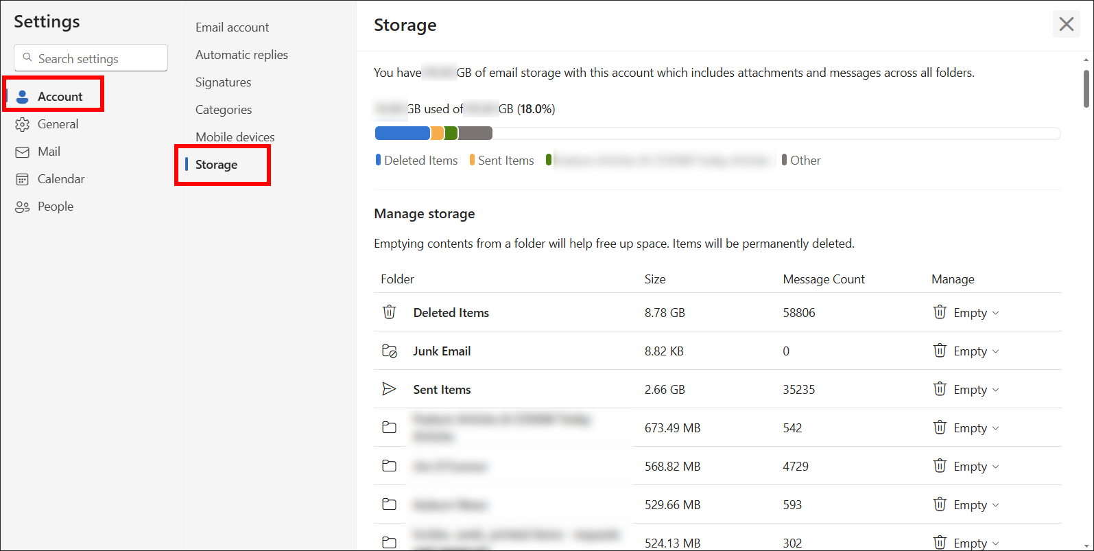 Outlook Account and Storage selections