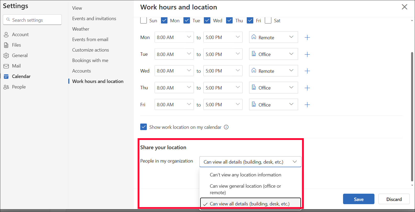 Outlook on the web calendar share your location settings