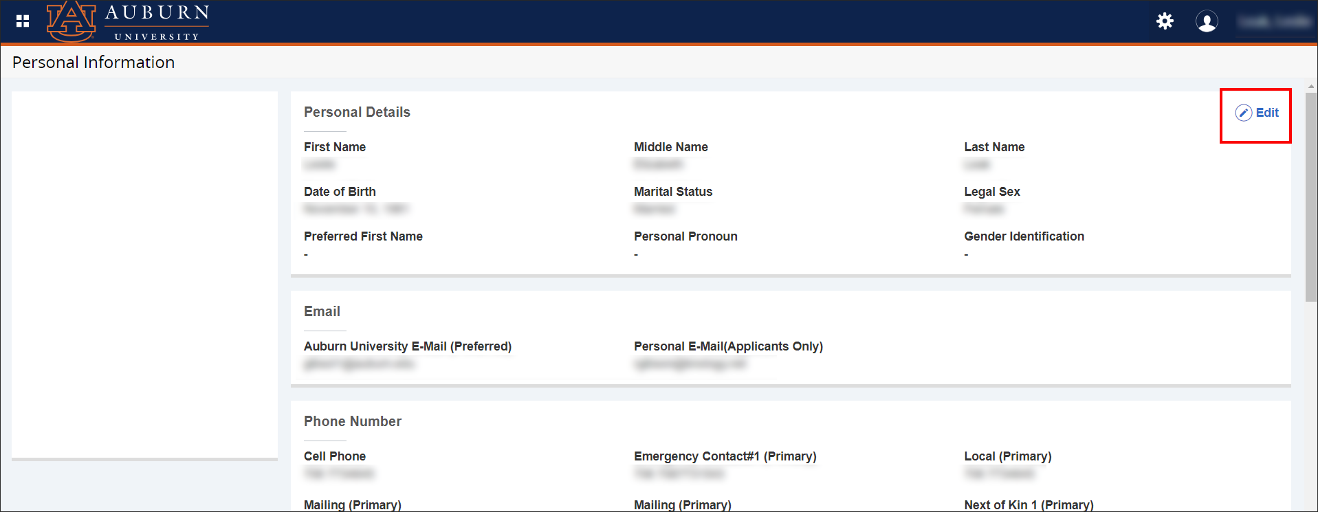 Banner Personal Information Screen