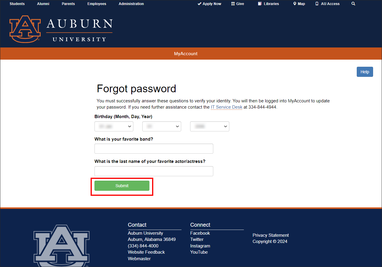 AU forgot password identity questions screen