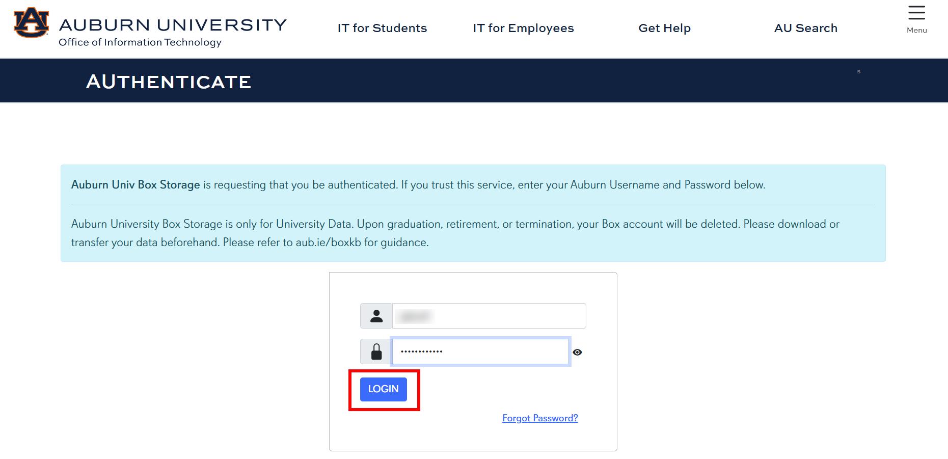 Box authenticate login screen