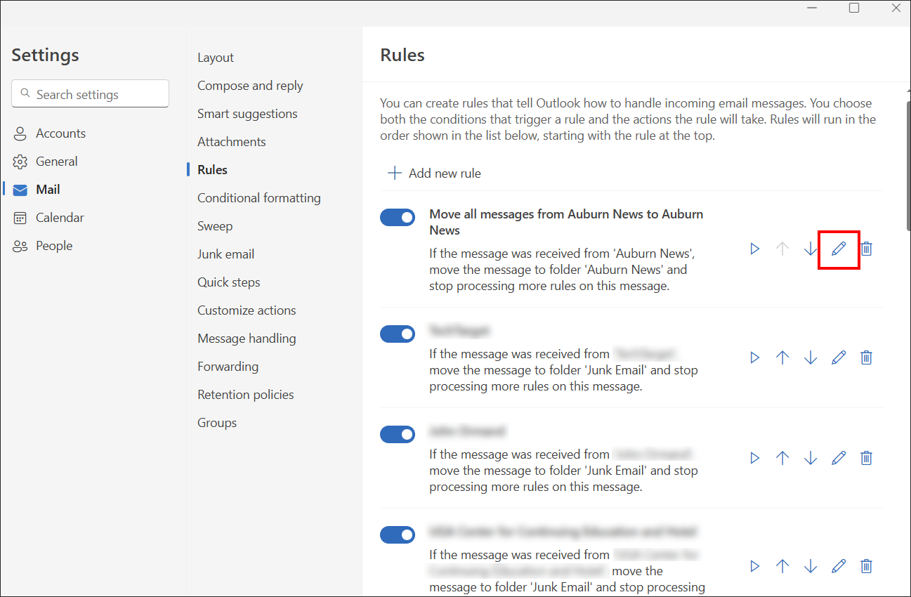 new outlook edit an existing rule