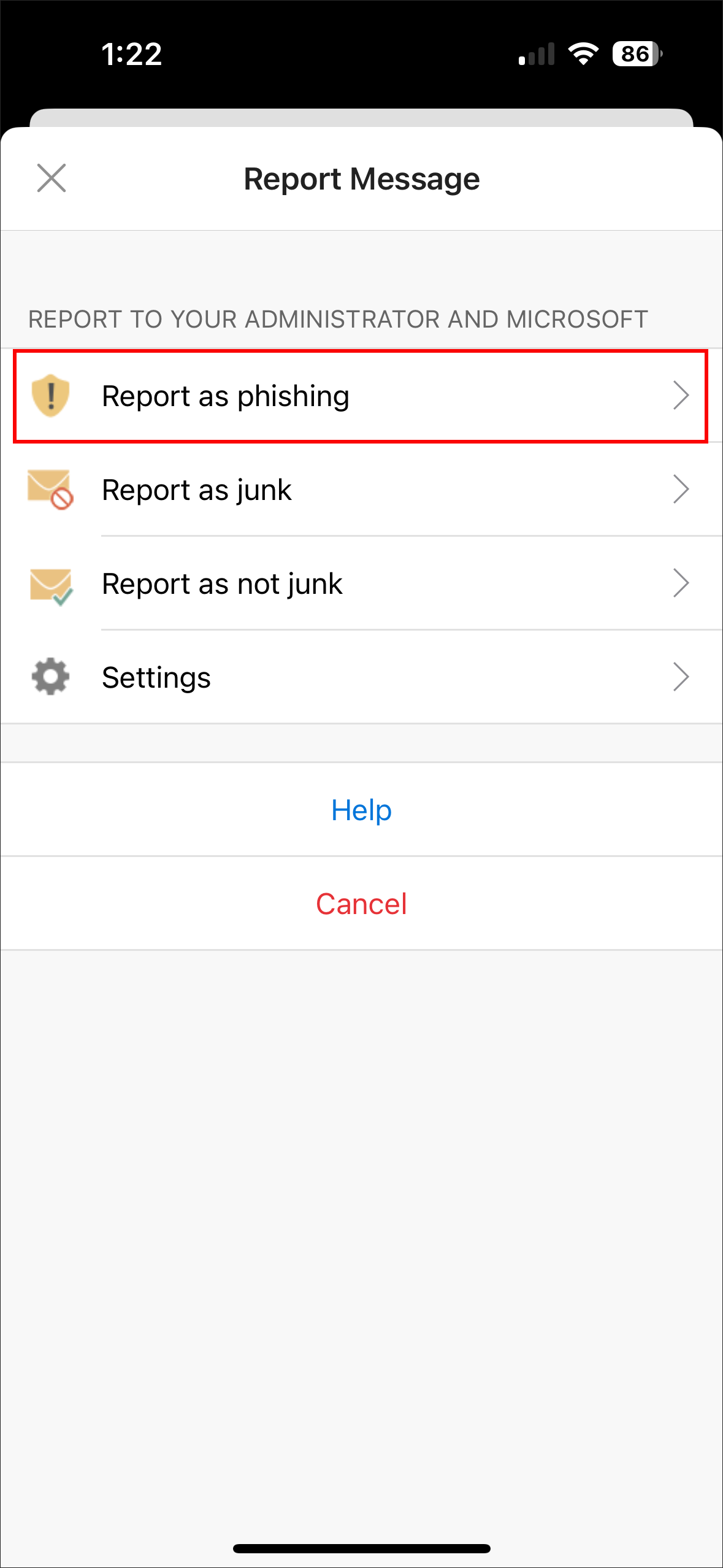 outlook mobile report phishing button