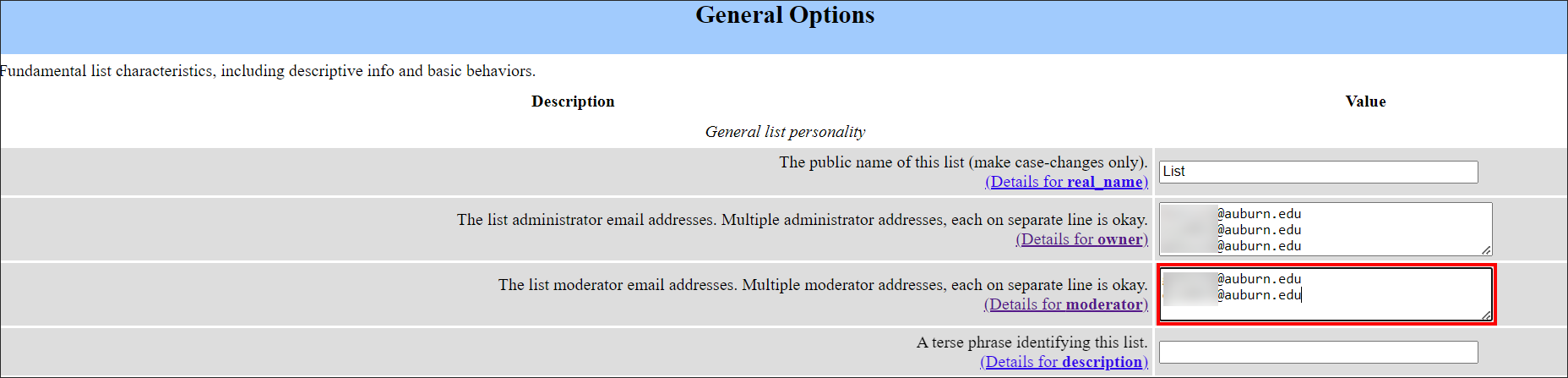 Listserv moderator email addresses screen