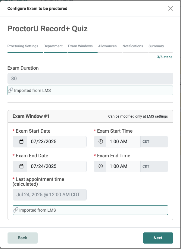 Form displaying exam duration, start and end dates, and times. Fields are read-only and imported from the LMS.