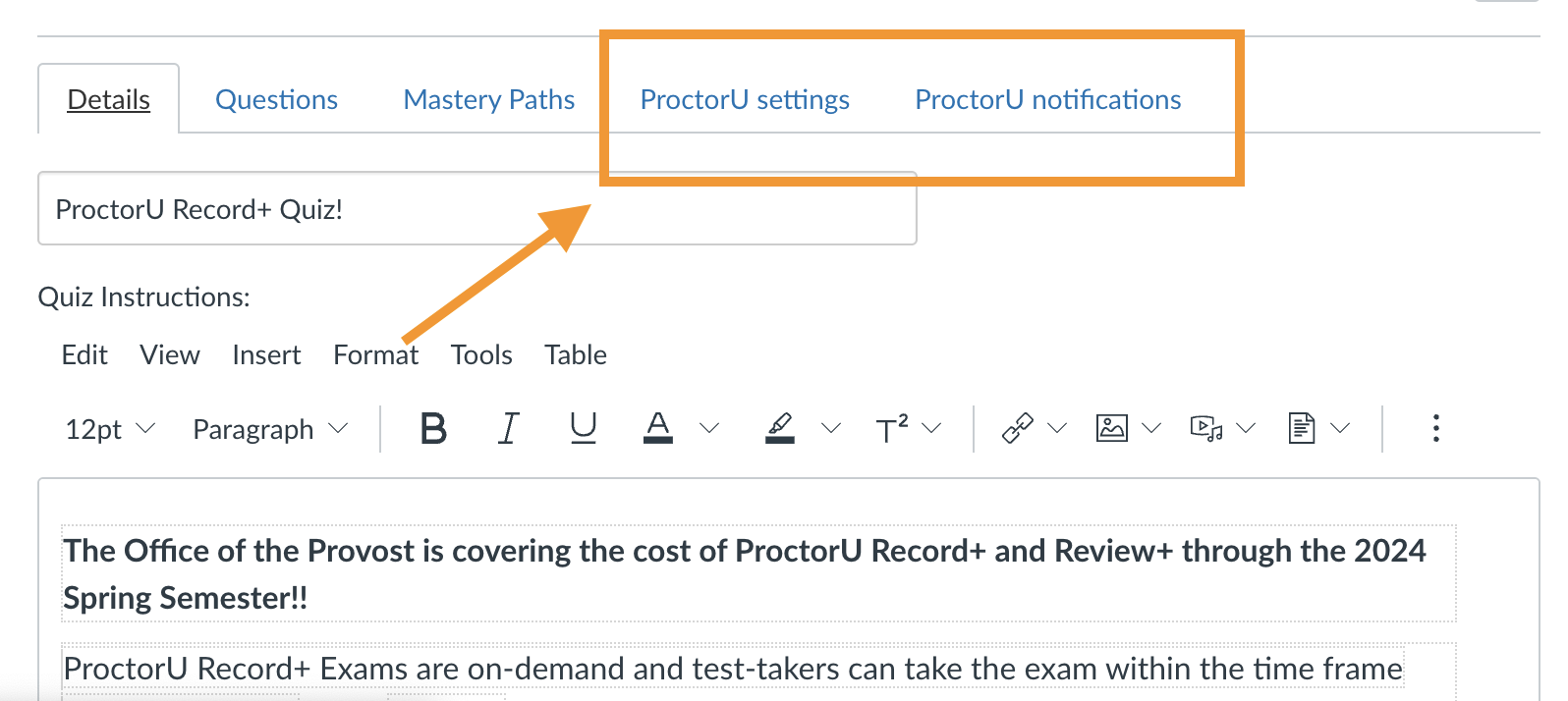 screenshot, proctorU settings and proctorU notifications tabs appear