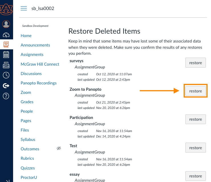 restore deleted items page opened with restore boxed, and directional arrow