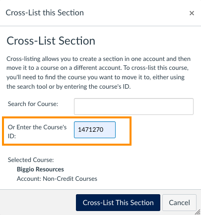 parent course numbers entered and highlighted on cross-list pop up 