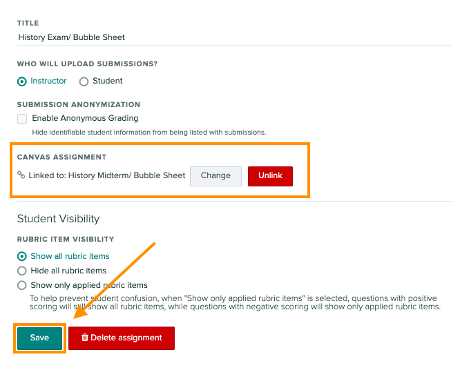 Linked canvas assignment is shown and save is highlighted with an arrow pointing to it 