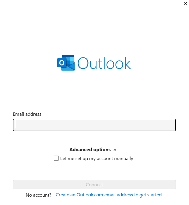 Outlook screen to enter email address 