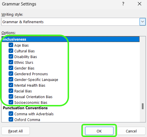 outlook inclusiveness grammar settings
