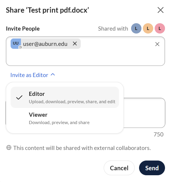 Box invite people and choose permissions