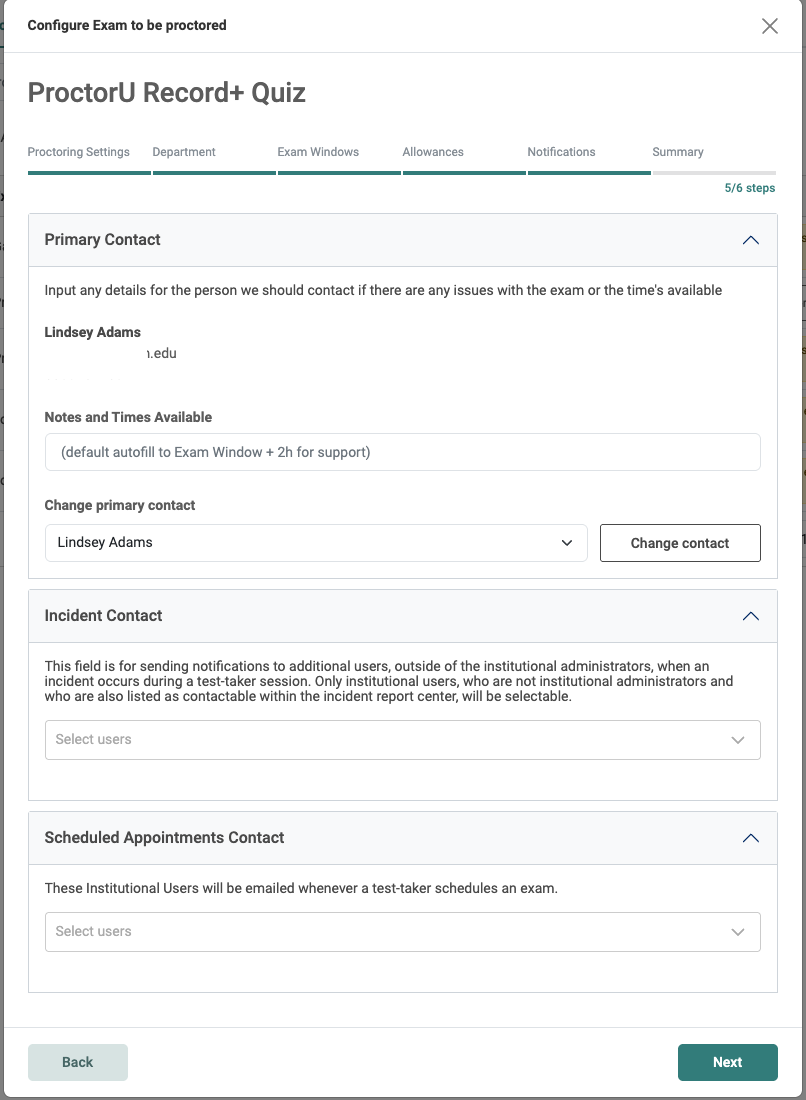 Fields to enter primary contact, incident contact, and scheduled appointments contact for ProctorU exam configuration.