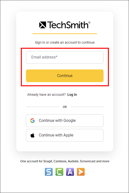 Camtasia create account screen