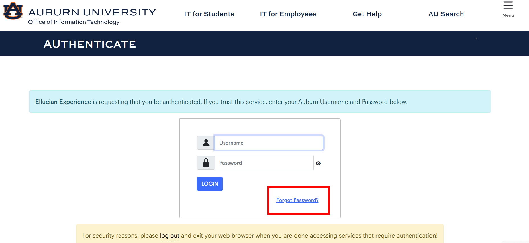 AU login screen forgot password