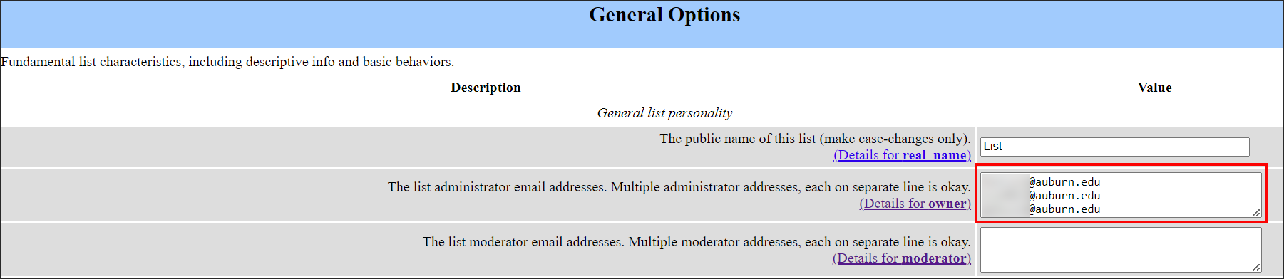 Listserv administrator email address screen