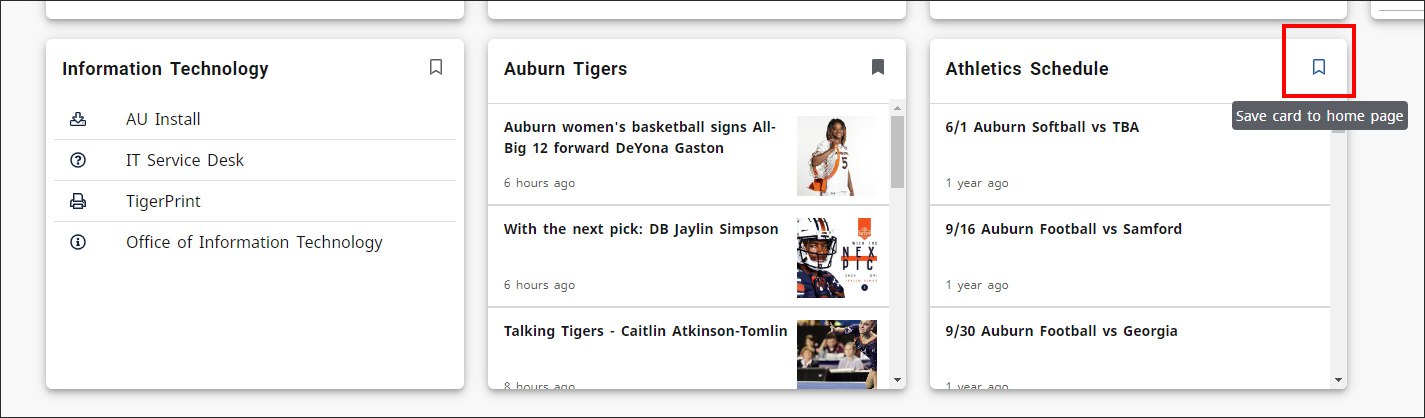 Student AU Access save card to home page