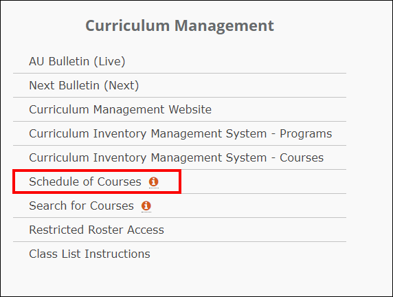 AU Access Curriculum Management Schedule of Courses screen