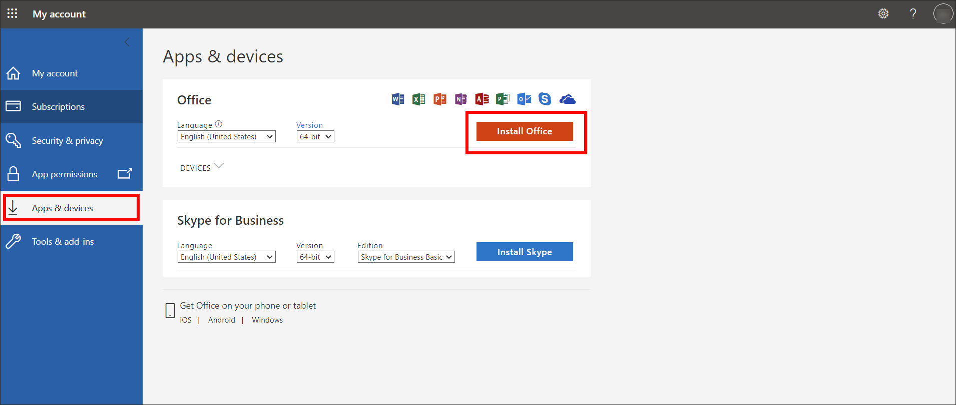 Apps and devices install Office