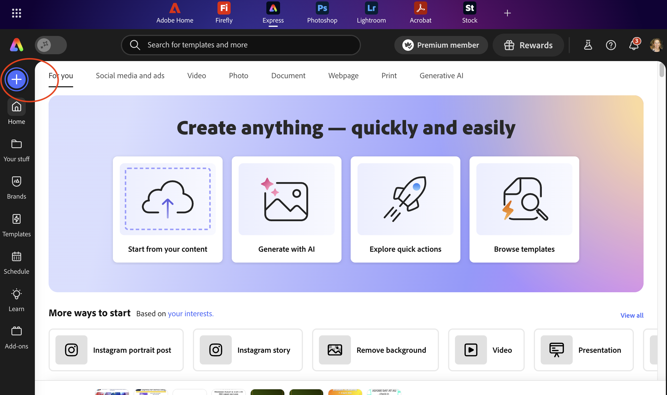 Adobe Express homepage with red circle around Plus sign button in upper left corner of screen