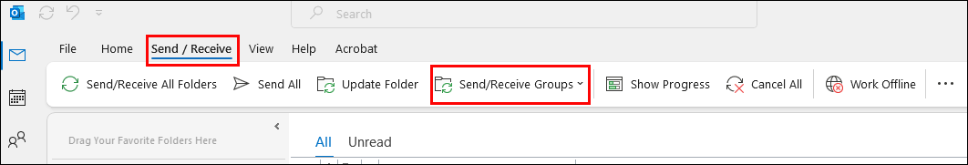 image of send/receive tab in Outlook